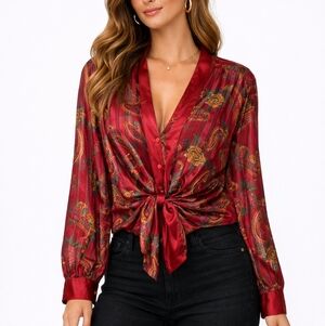 Vintage Victoria Secret Top Red Stripes Button Down Sheer Pattern Paisley L